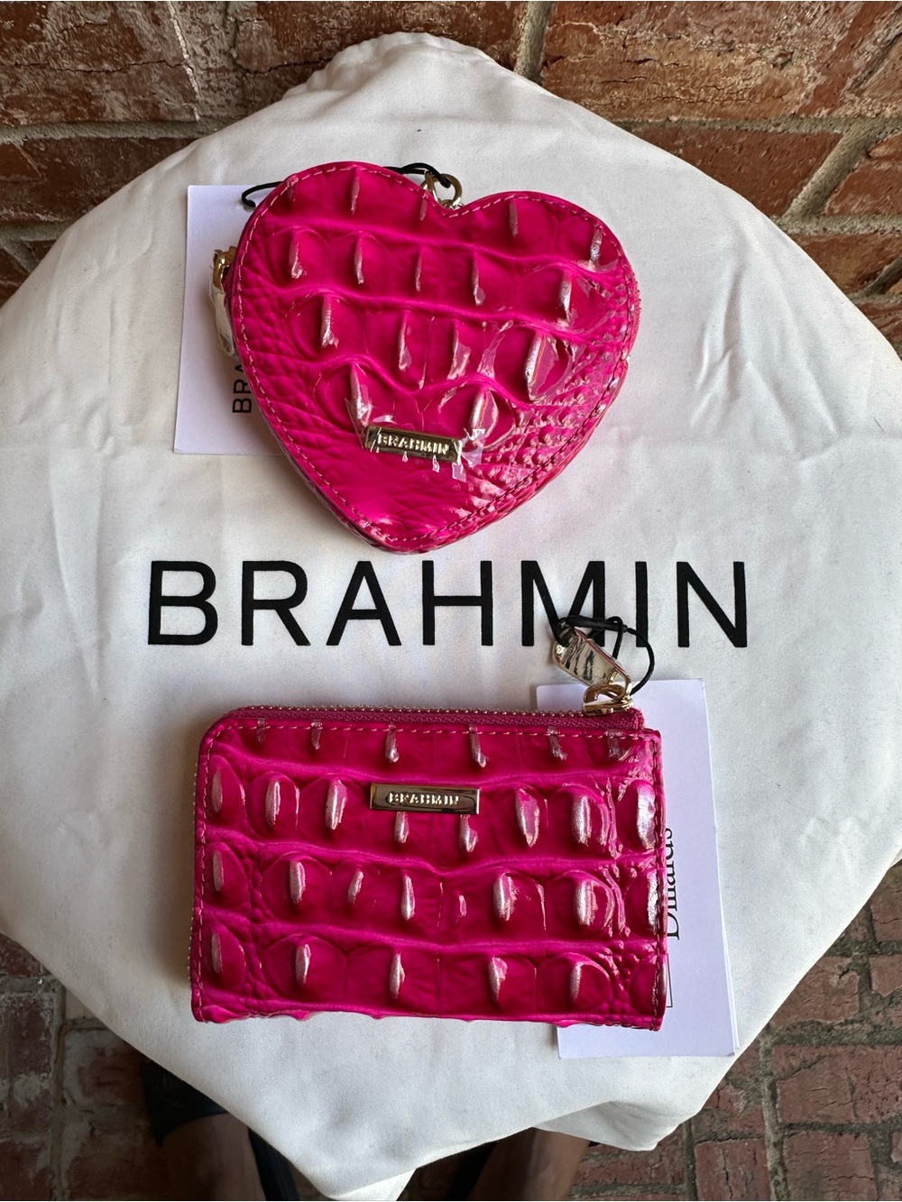 Brahmin Affection (Hot Pink) Patent Croc Heart Coin Purse & Anita Card Wallet